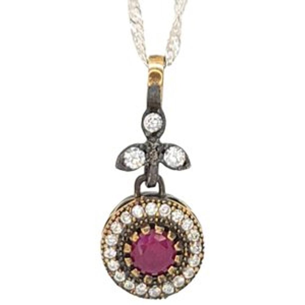 Round Ruby & Zircon Halo Organically Antique Charm